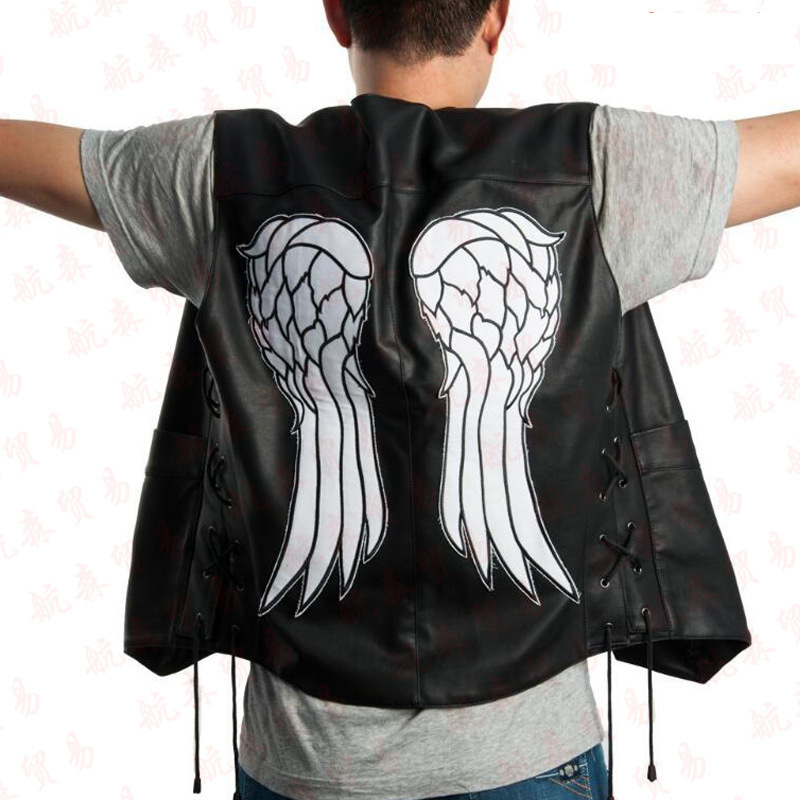 Cross-border European and American Angel Vest with Patterned Leather Vest Black Vest Bareback Harley Motorcycle Riding Men's Vest Cross-border European and American Angel Vest with Patterned Leather Vest Black Vest Bareback Harley Motorcycle Riding Men's Vest