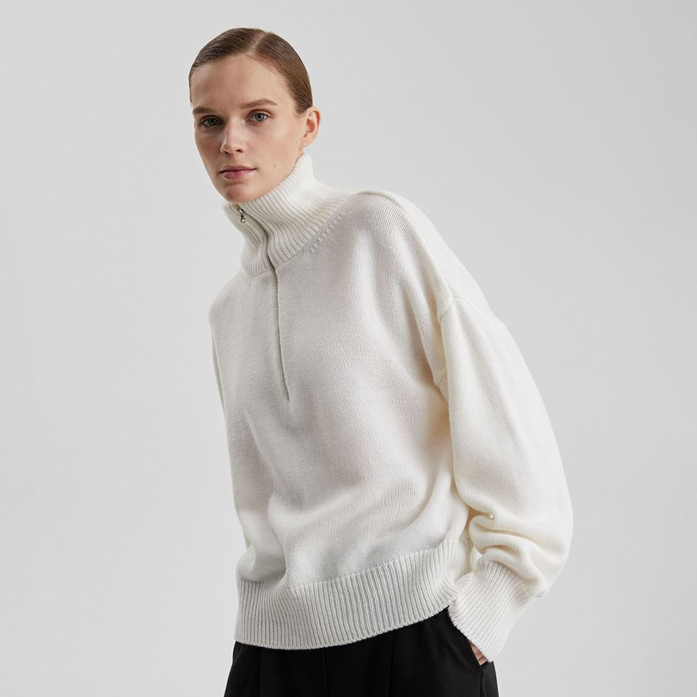 Transfronterizos de cuello medio cremallera suéter de cabeza mujer Europa y los Estados Unidos otoño y invierno 2025 nuevo suelto camiseta de punto perezosa camiseta superior