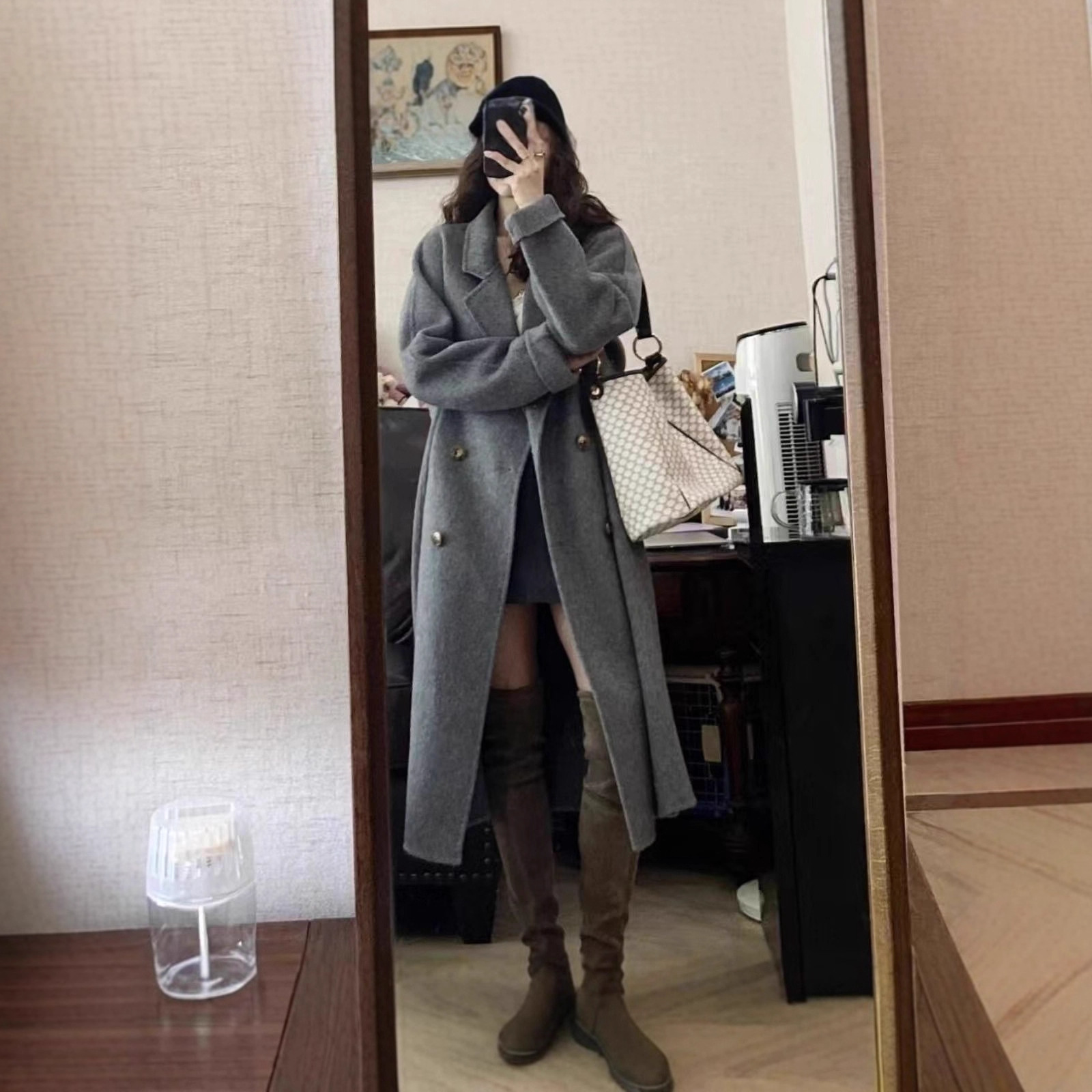 Korean Style Cocoon-Shaped Double-Sided Cashmere Outwear for Women, Mid-Length Woolen Outwear for Small People, Slim Outwear Gray