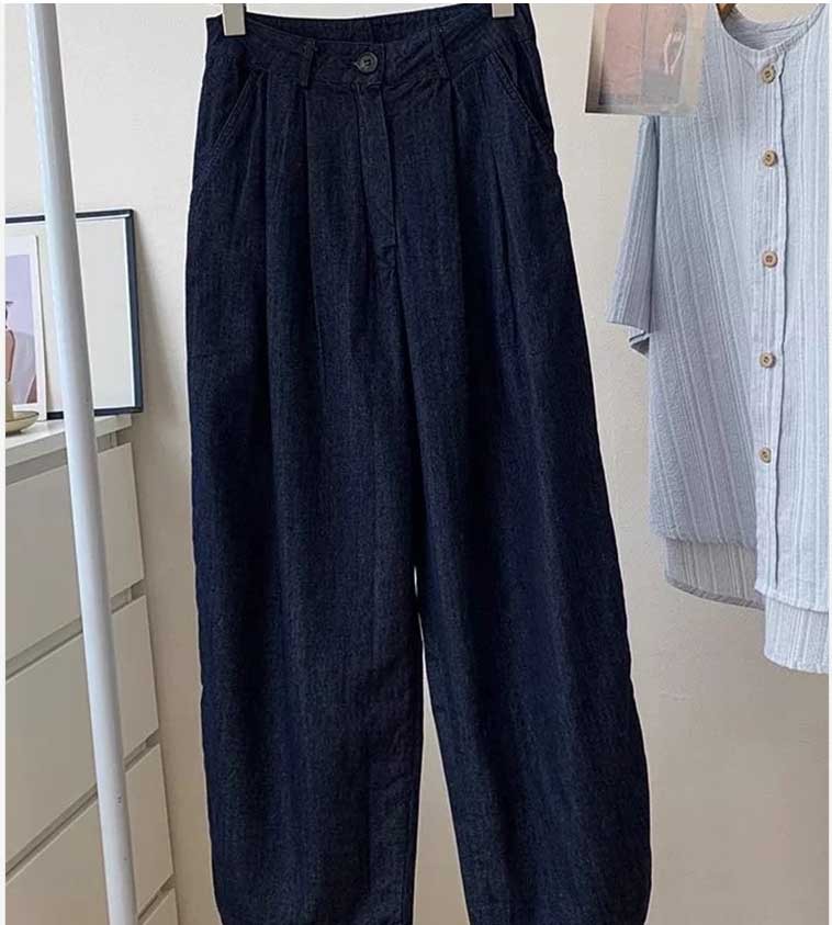 Quần ống rộng vải lanh cotton Yamamoto cạp cao kiểu harem mùa hè 2025 — Màu xanh đậm chi tiết 5