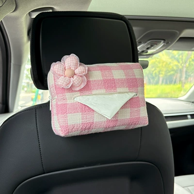 Car tissue box/set, Car Seat Back Hanging Paper - pink-flower-plaid-tissue-paper-pink