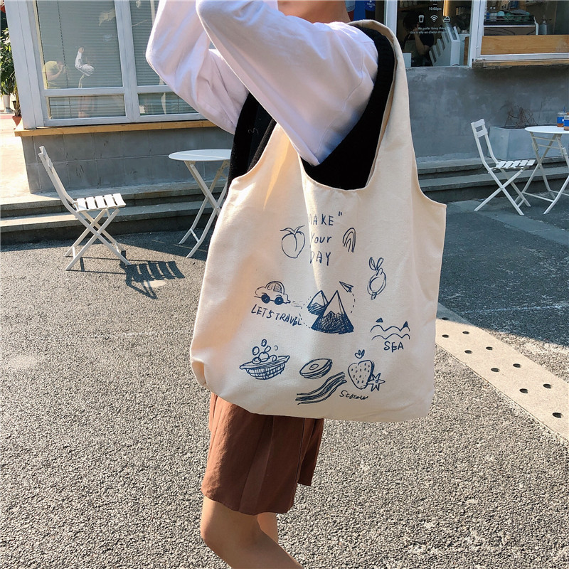99304 ins single-shoulder hand-carry canvas bag, cute cartoon illustration tote bag for girls, student trend undefined