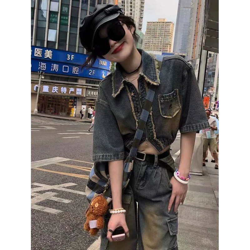 Retro short denim autumn thin jacket, with short sleeve