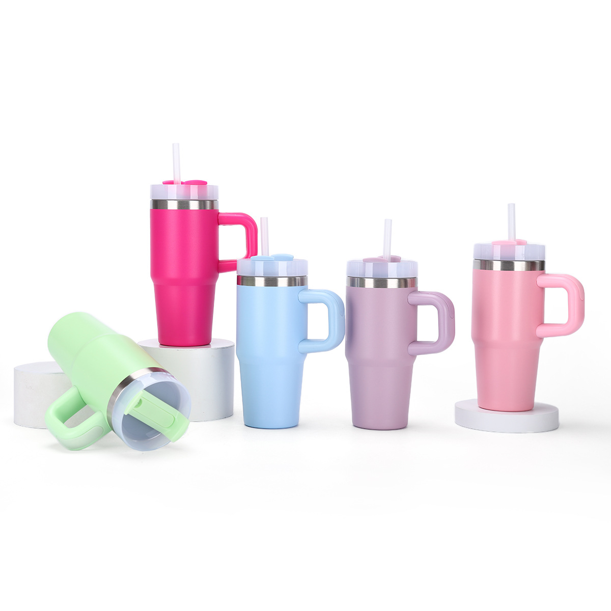 Taza térmica de vacío doble de 14 oz con pajita y asa, para auto image 3