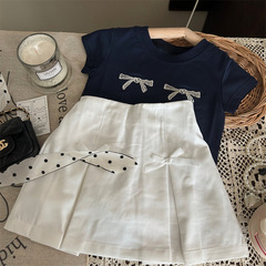 韓版童裝2024新款夏季女童蝴蝶結繡花T恤兒童洋氣百搭半裙兩件套