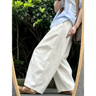 米白色薄款亚麻高腰弯刀阔腿裤女夏季通勤休闲微胖MM慵懒拖地长裤