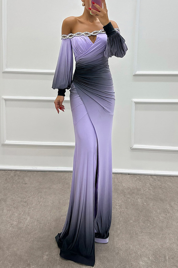 Abito da sera elegante monospalla a maniche lunghe per donna_voghion.com