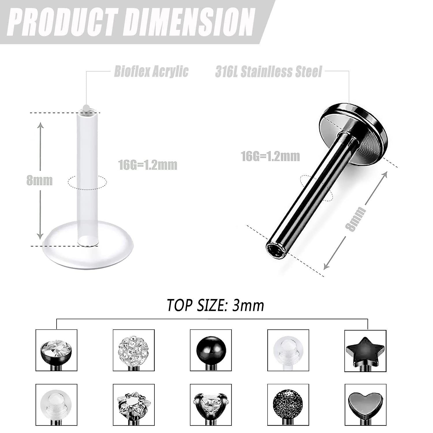 Black lip piercing stainless steel, zirconium, set, (Cross-border trading)