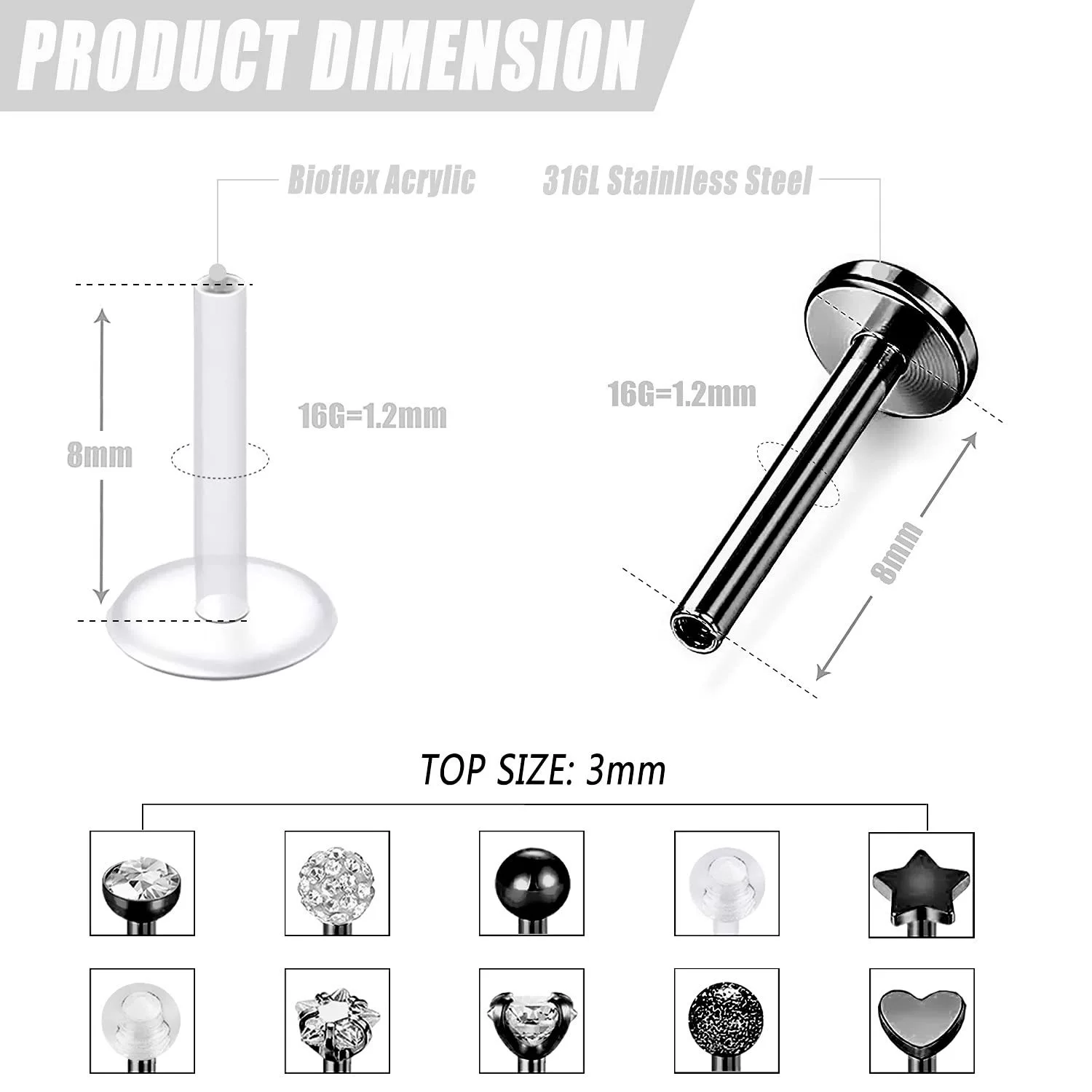 Black lip piercing stainless steel, zirconium, set, (Cross-border trading)
