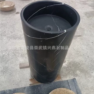 黑色大理石立柱盆 轻奢落地式洗手盆 天然石材一体盆定制