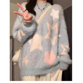 仿貂【100%锦纶】慵懒风针织衫毛衣女秋冬新款套头圆领显瘦外穿
