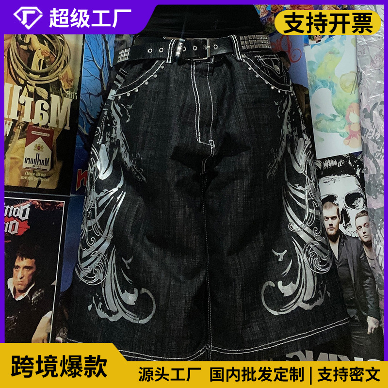 Cross-border AliExpress European and American trendy brand dark Harajuku heavy embroidery studded cross denim shorts for men and women