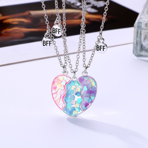 Cross-border hot selling best friends three best friends children's necklace alloy sequins love pendant magnet stone necklace set