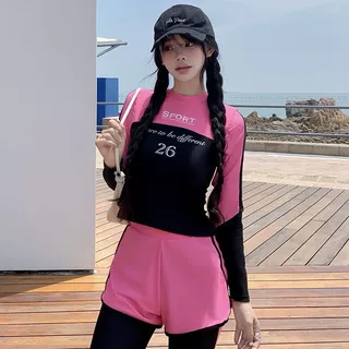 运动风泳衣女夏保守长袖长裤潜水服防晒修身小胸聚拢遮肉显瘦泳装
