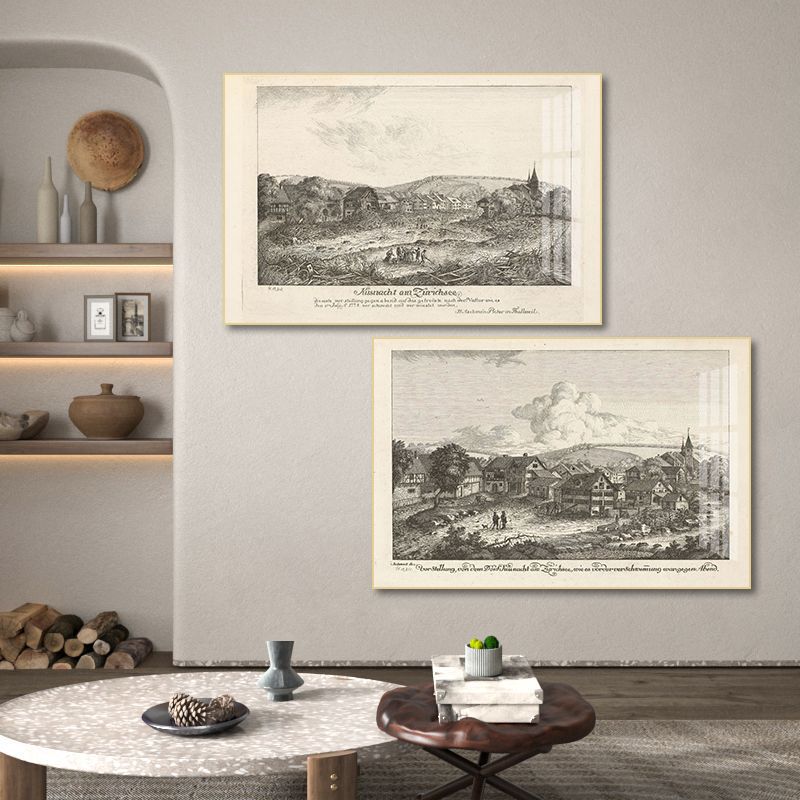 Black and White Landscape Decorative Painting Retro American Pastoral Architectural Scenery Hanging Painting Art Gallery Living Room Background Wall Mural