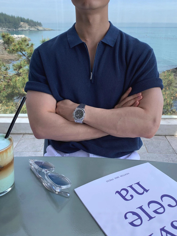 韩系半拉链针织polo衫男丝光棉冰丝修身短袖卫衣翻领羊毛衫t恤潮|undefined