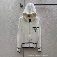 24秋冬新作大衆デザイン刺繍衝突色エッジファスナー帽子付きニットカーディガン
