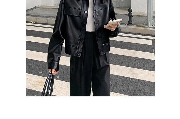 Women's Leather Jacket Black Retro Style Fashion Autumn Top_voghion.com