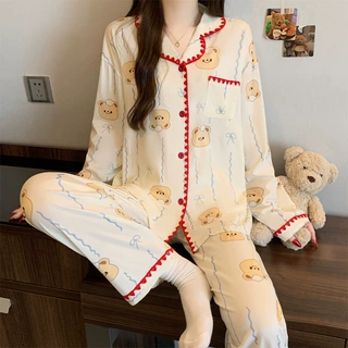 萌趣小熊ins风春季新款甜美贝壳包边仿棉睡衣女士家居服套装批发