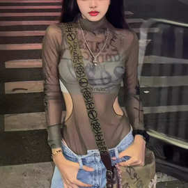 美式薄款辣妹性感印花网纱高领上衣女夏季修身显瘦镂空露腰打底衫