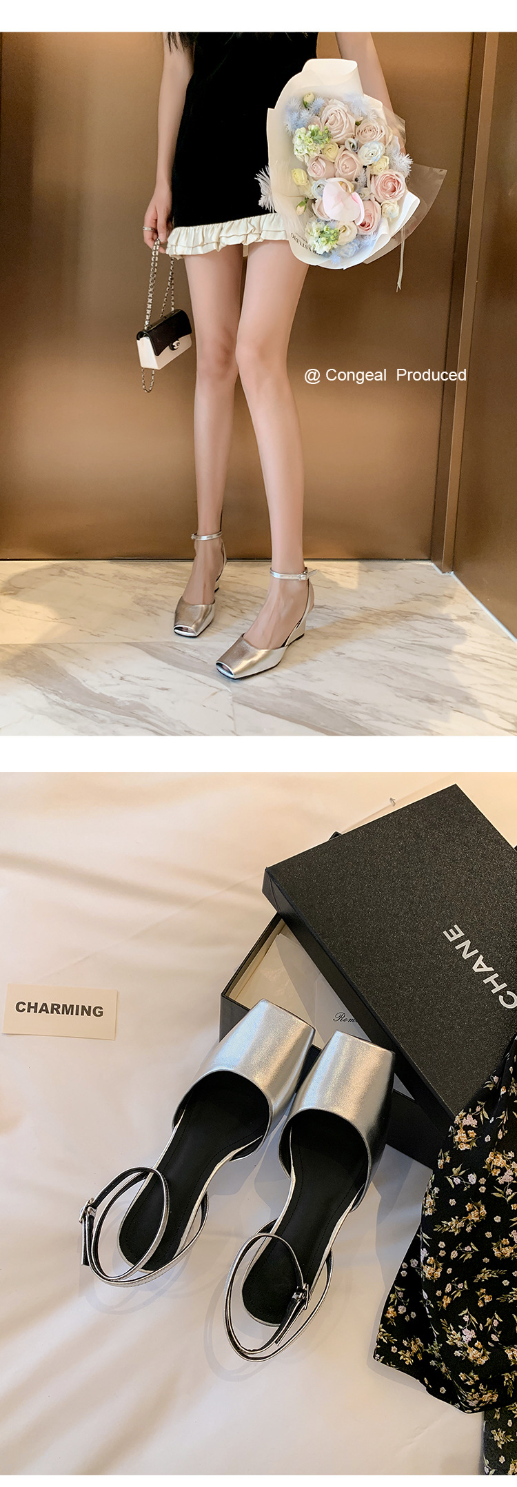 Sandal cao gót nữ mũi vuông quai mắt cá chân, gót xuồng 9 cm — đen, Màu trắng nhạt, bạc chi tiết 24