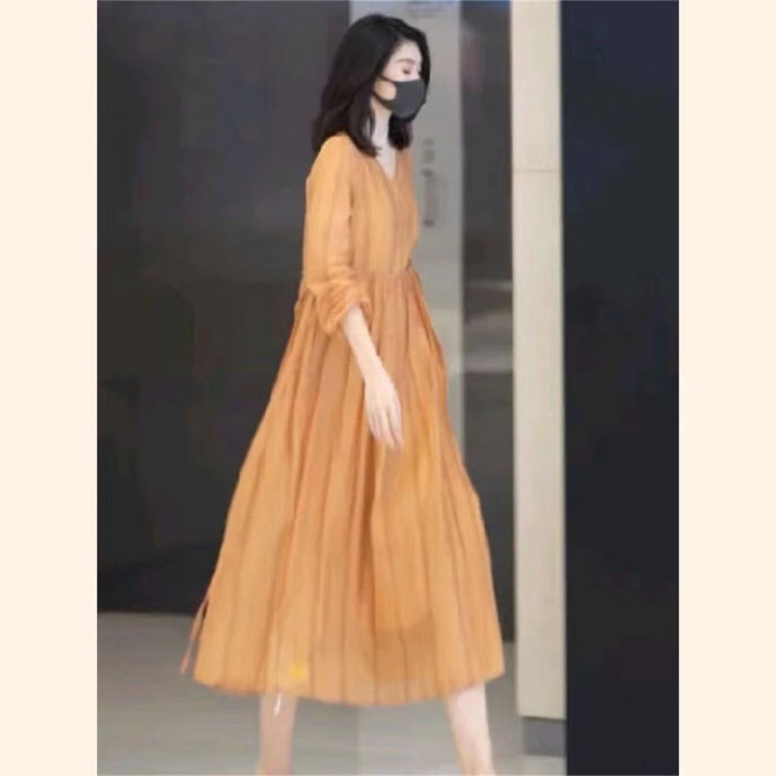Váy liền nữ mùa hè phong cách Pháp màu cam, chất liệu ren mỏng, thiết kế dây buộc eo tôn dáng — Màu cam
