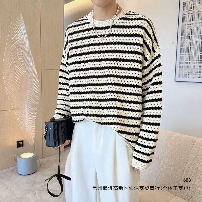 Autumn Retro Hollow-out Color Block Striped Knit Sweater for Men, Korean Style, Lazy and Trendy Base Layer
