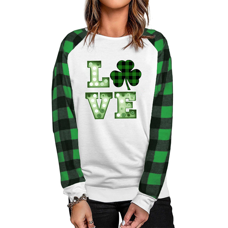 欧美印花圆领上衣女圣帕特里克节日绿色三叶草印花格子长袖卫衣女