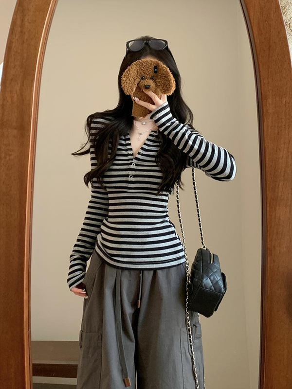 美式复古辣妹条纹亨利领长袖T恤女早秋内搭修身miu系打底衫bm上衣|undefined