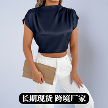 实拍外贸欧美女装跨境外仿真丝衬衫 秋新款风高级感时尚短袖衬衣