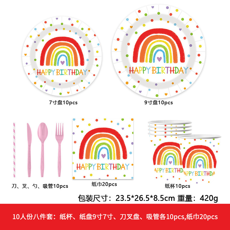现货彩虹生日派对布置用品儿童节日聚会下午茶纸制品餐具套装批发|undefined