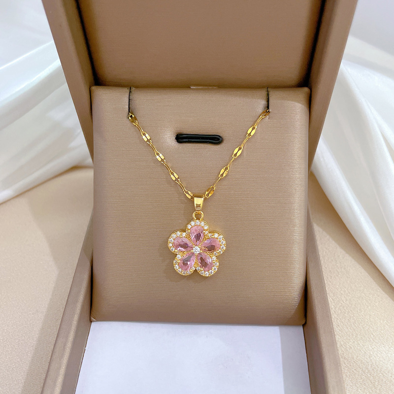 Earrings, Necklace Classification Golden Plated 304 Stainless Steel Electroplating Zircon Flower Glam Earrings Necklace For Women'S