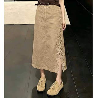 卡其色侧开叉蕾丝边半身裙女2026夏季新款高腰显瘦百搭亚麻A字裙