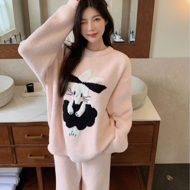 Little Bear Women's Winter Pajama Set: Cute Cartoon Long-Sleeve, Thickened Half-Fleece, Sweet and Cozy Sleepwear