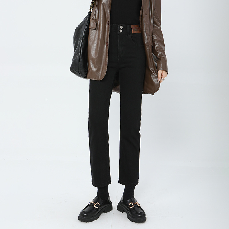 Double Buckle Leather Brand Straight Jeans Women's Autumn New High Waist Elastic Slimming Small Straight Short Smoke Pipe Pants Double Buckle Leather Brand Straight Jeans Women's Autumn New High Waist Elastic Slimming Small Straight Short Smoke Pipe Pants