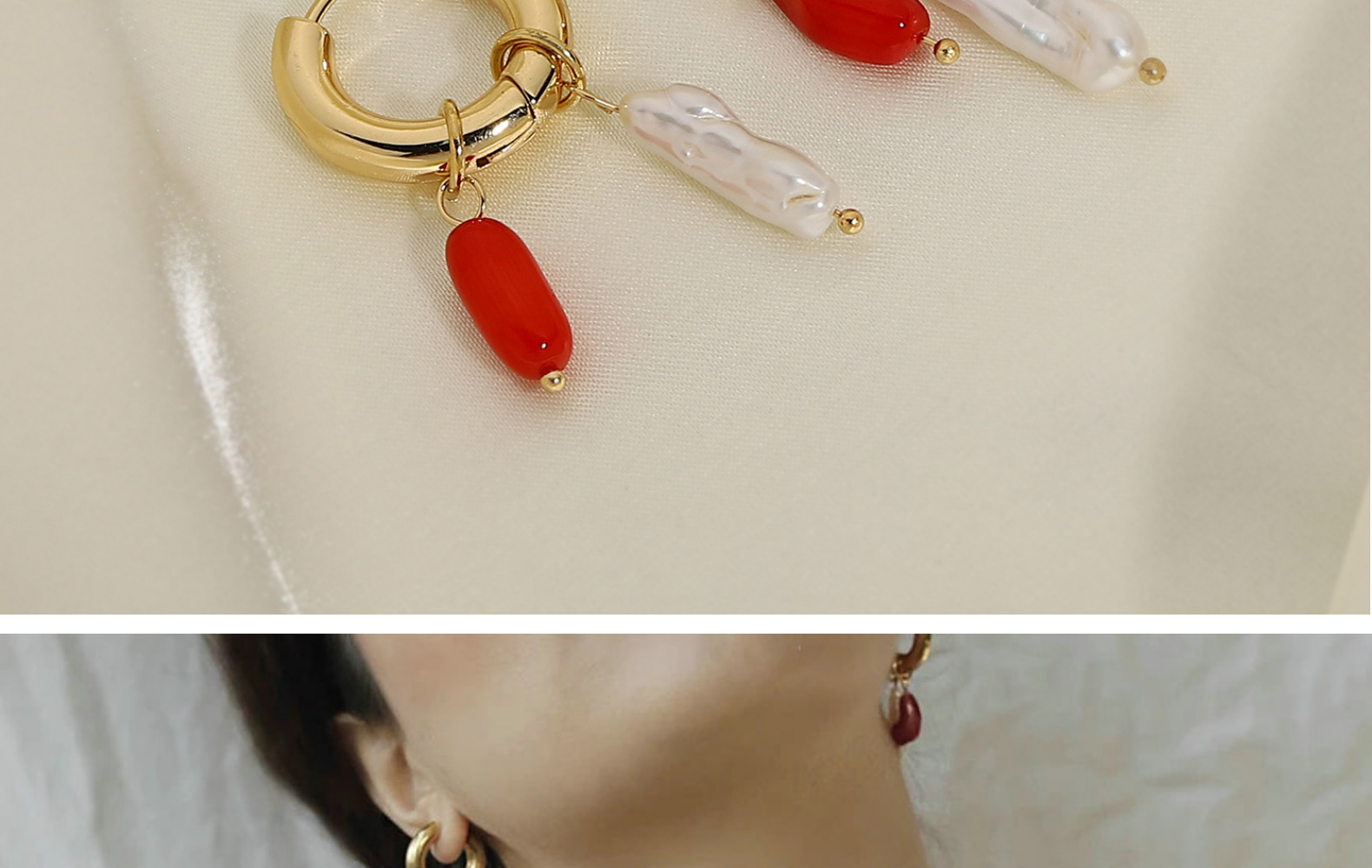 Korean style handwoven natural coral stone freshwater pearl pendant earringspicture4