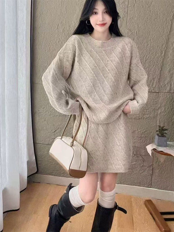 跨境设计感慵懒风斜纹毛衣针织套装女秋冬圆领套头毛衣高腰半身裙|undefined