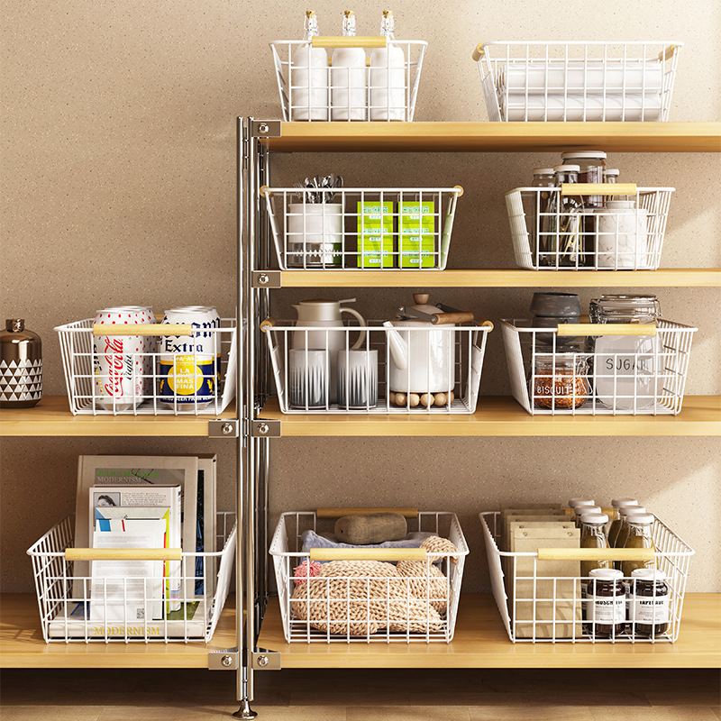 批发家居用品带木提手储物框 隔板厨房分类篮 卧式推拉衣柜收纳篮