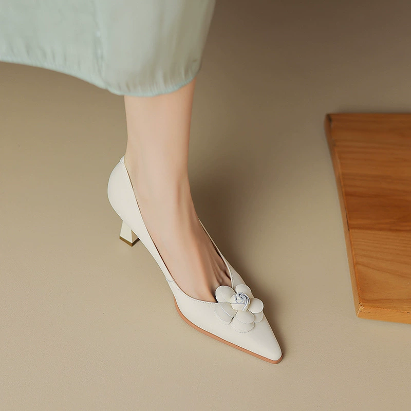 Однослойные туфли на шпильке с французским острым носком, женские туфли на маленьком каблуке, свадебные туфли из натуральной кожи для подружек невесты, Цветочные туфли на среднем каблуке, сказочные туфли, темперамент, весна и осень