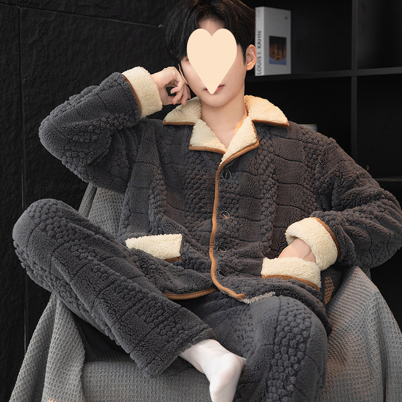 단색 남성용 산호 벨벳 잠옷, 가을, 겨울 긴팔 벨벳 두꺼운 따뜻한 겨울 청년 및 중년 대형 가정복