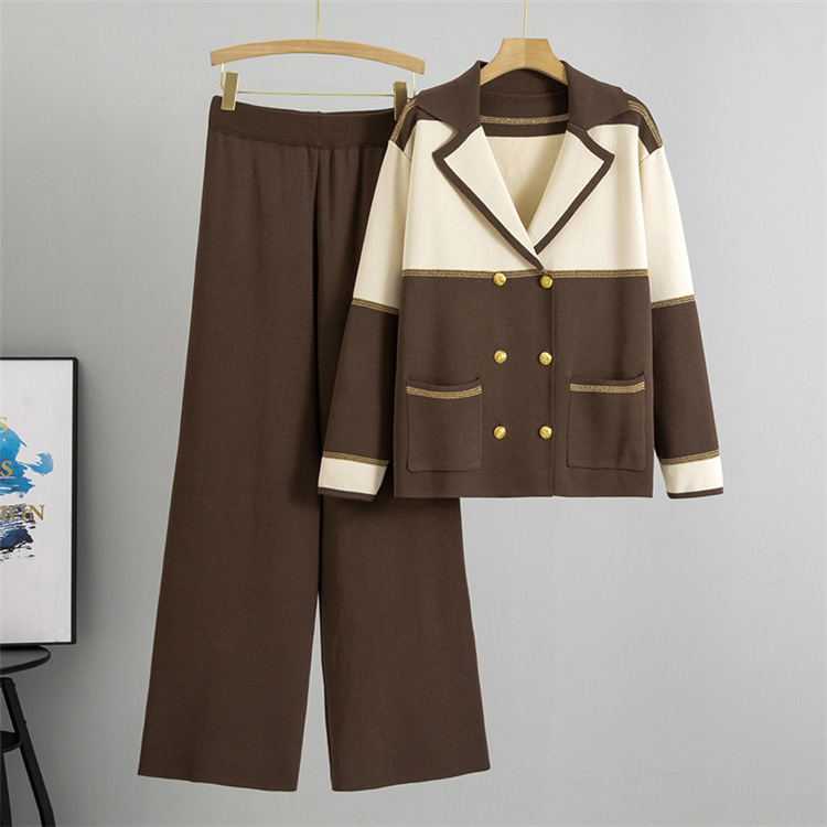 GraceChic Elegant Suit Collar For Women 2025 Spring And Autumn New Color Block Double-Breasted Knitted Top Wide-Leg Pants_voghion.com