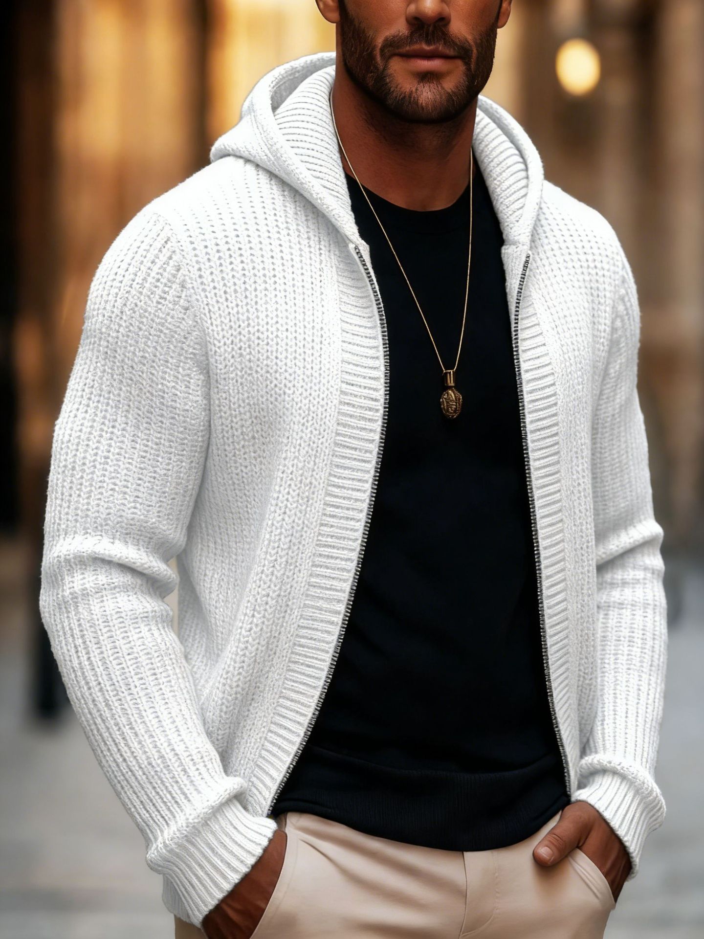 Estación independiente primavera y otoño chaqueta de cremallera de punto para hombres suéter sólido y pesado con capucha suéter de moda para hombres transfronterizos Europa y Estados Unidos image 4