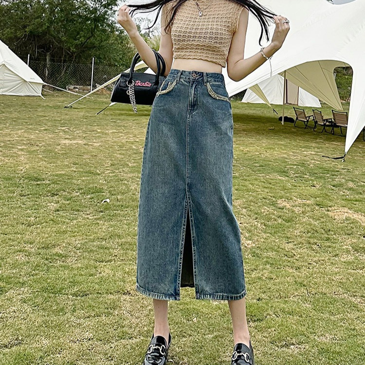 レトロスリットデニムスカート女性用夏薄手2025新作ハイウエスト痩身ミッドレングスAラインヒップスカート|undefined