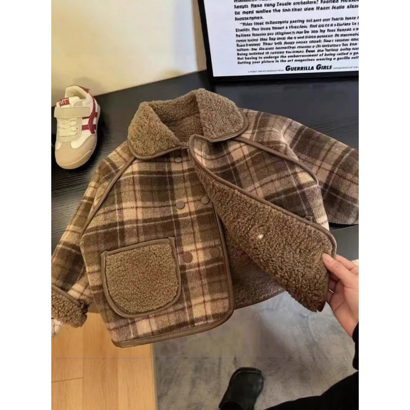 Boys and Girls Velvet Jackets Autumn and Winter Jackets 2025 New Kidsren's Lapel Woolen Plaid Trendyy Casual Jackets