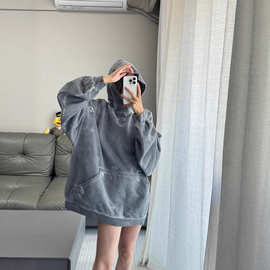 跨境秋季新款BL家徽标字母刺绣油漆泼墨洗水炒色水泥灰连帽卫衣衫