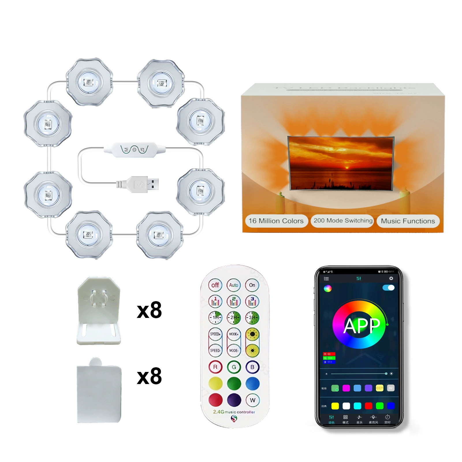 KeshU, светодиодная подсветка для ТВ‑фона, 5V, 6 или 8 светодиодов, многоцветная с Bluetooth и управлением через приложение, игровая лампа
