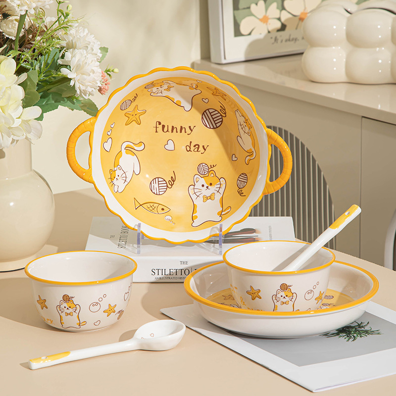Cartoon Cute Children's Tableware High-End Wholesale Bowl Plate Set Home Style Fun Ins Ceramic Tableware