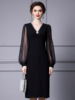 Wrapped buttocks skirt V-neck handmade studded diamond sleeve patchwork dress