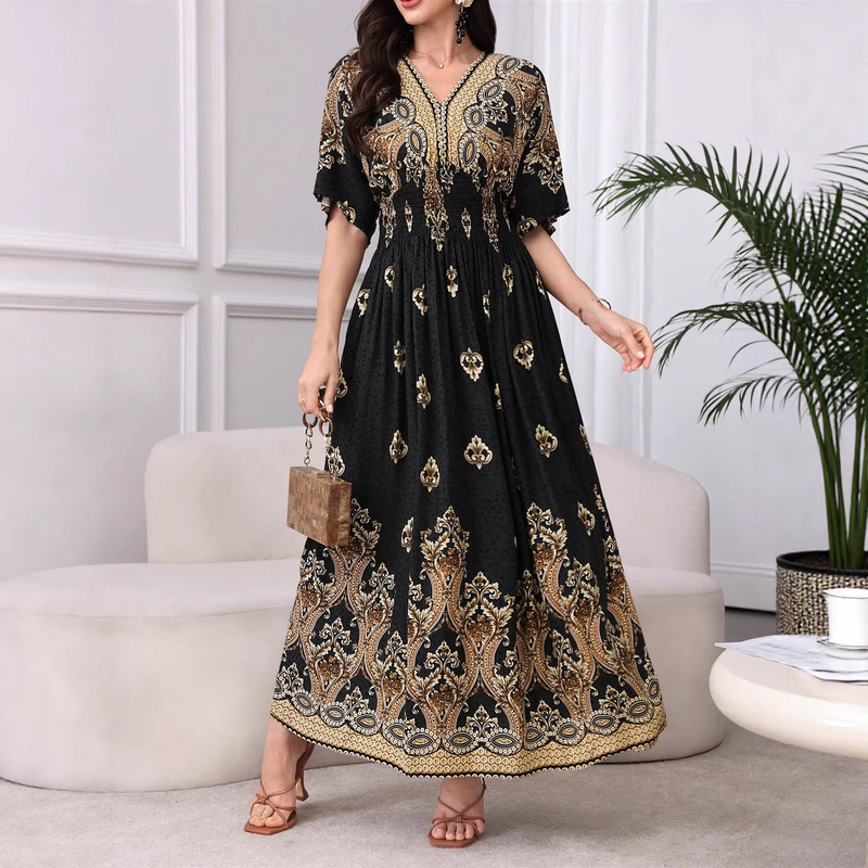 Elegant Casual Fashion All-Over Print Women's Dress, Stylish Print, Spring/Summer Long Dress with Raglan Sleeves
