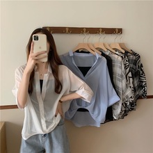 2025夏新款女雪纺衫条纹显瘦不规则套头衬衣两件套蝙蝠袖雪纺上衣